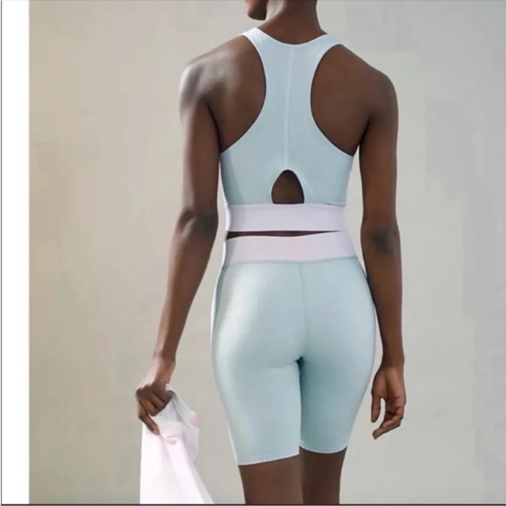 Anthropologie James Colorblock Biker Short Set Longline Sports Bra Blue Outfit